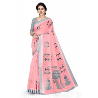 Women's Cotton Blend Tribal Art Warli Printed Saree with Blouse Piece